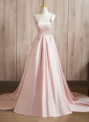 Pink Satin Straps Long Formal Dress Evening Dress, Pink Satin Prom Dress