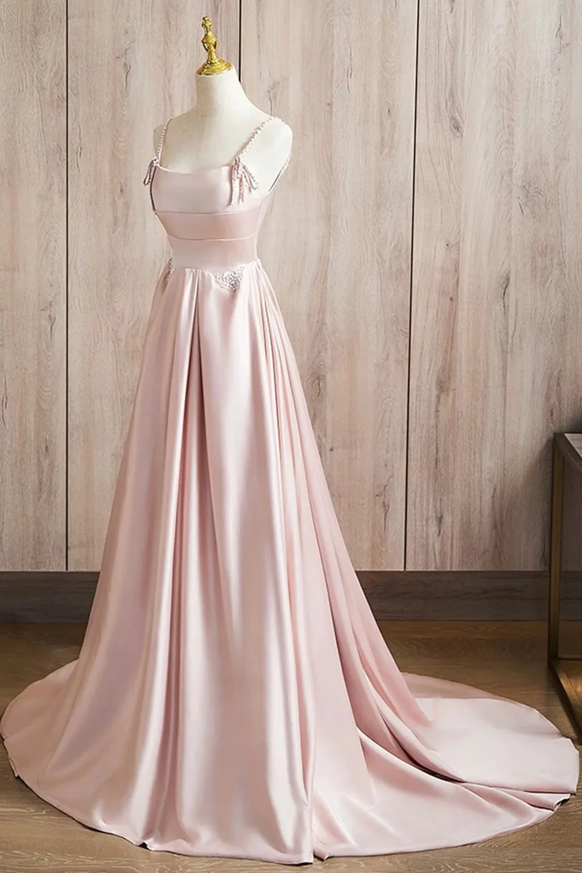 Pink Satin Straps Long Formal Dress Evening Dress, Pink Satin Prom Dress