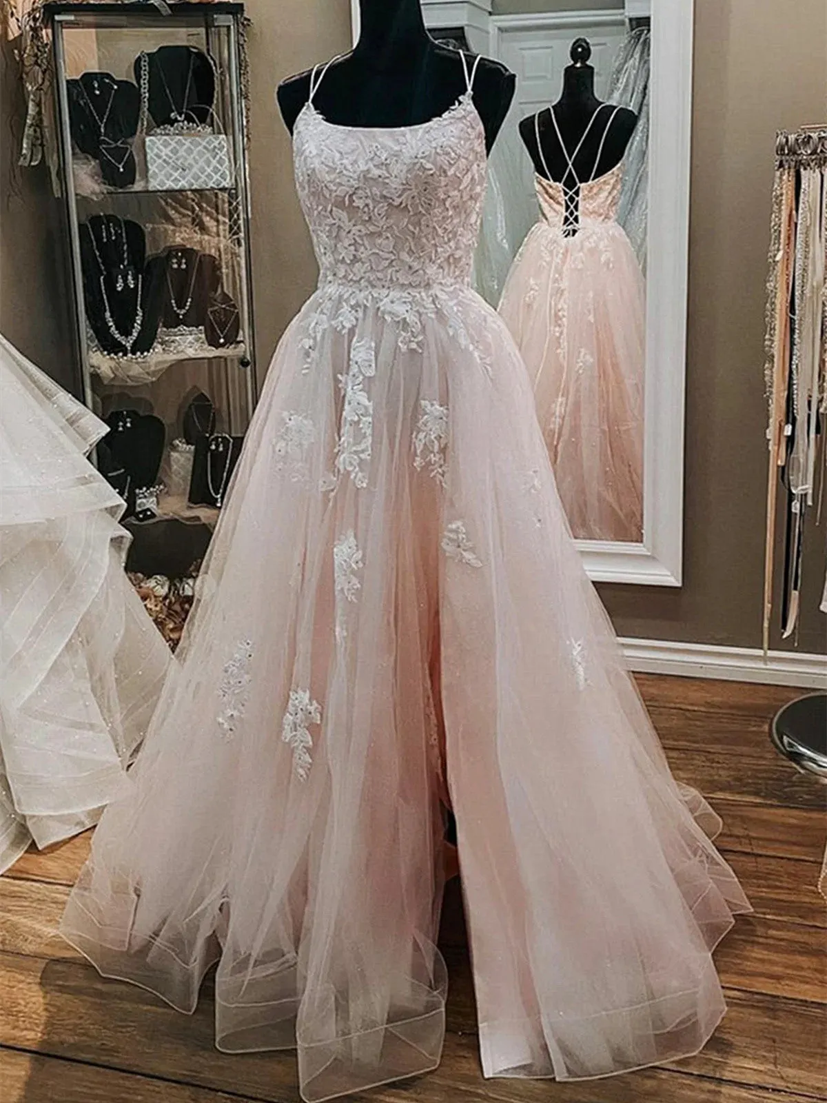 Pink Tulle  Lace Appliques A Line Open Back Long Prom Dress, Pink Party Dress