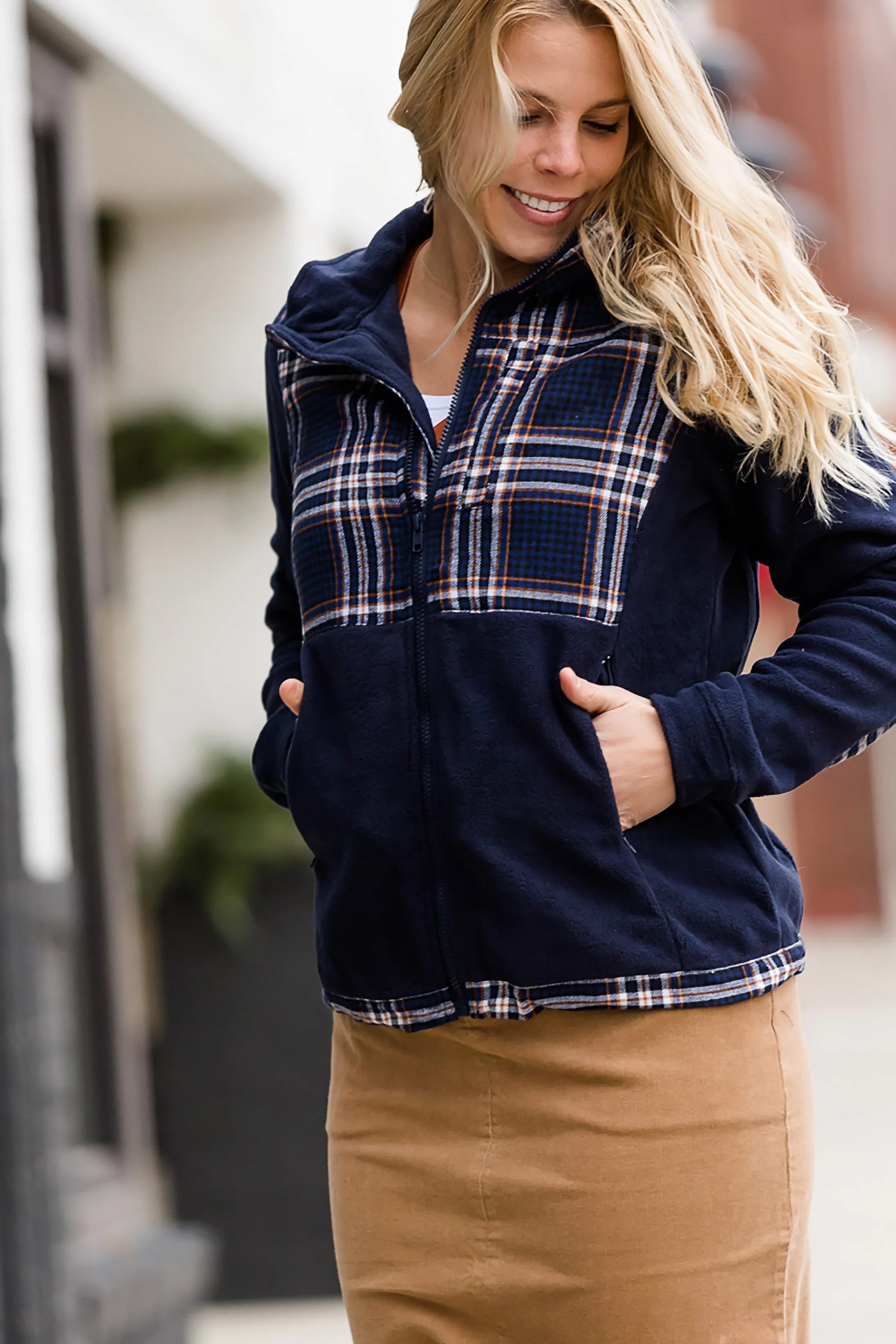 Plaid Detail Zip Up Fleece Jacket - FINAL SALE