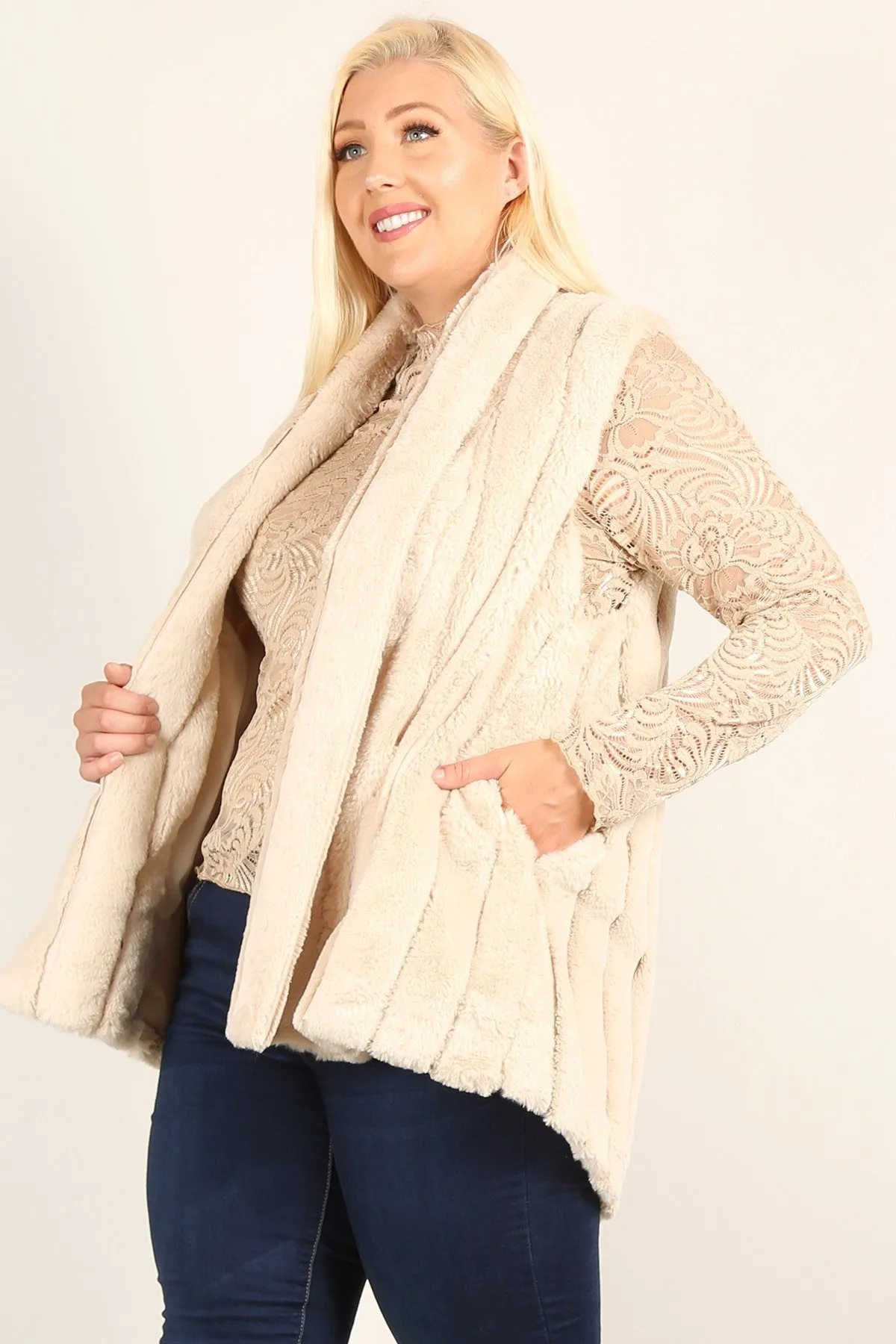 Plus Size Faux Fur Open Front Vest Jacket