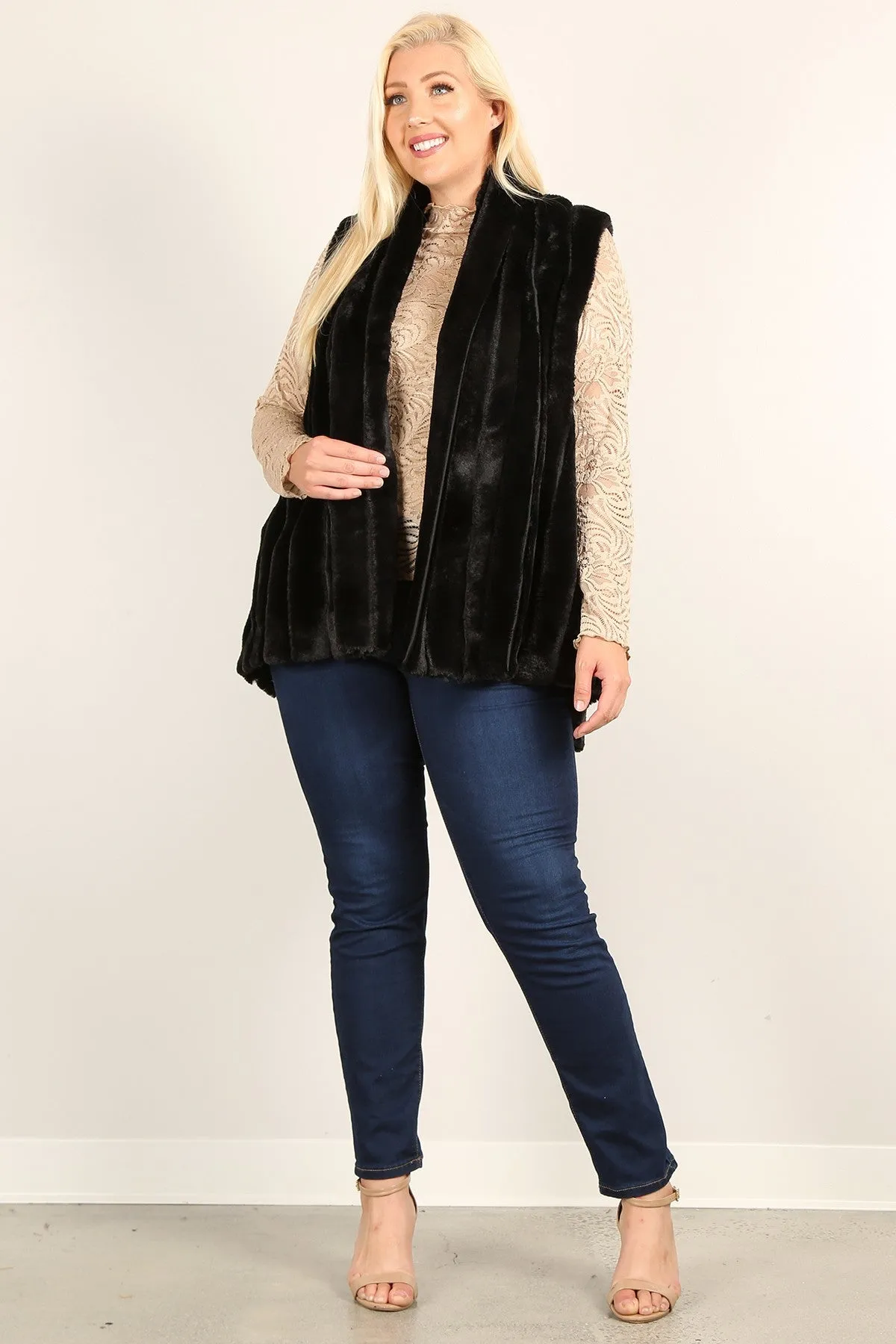 Plus Size Faux Fur Open Front Vest Jacket