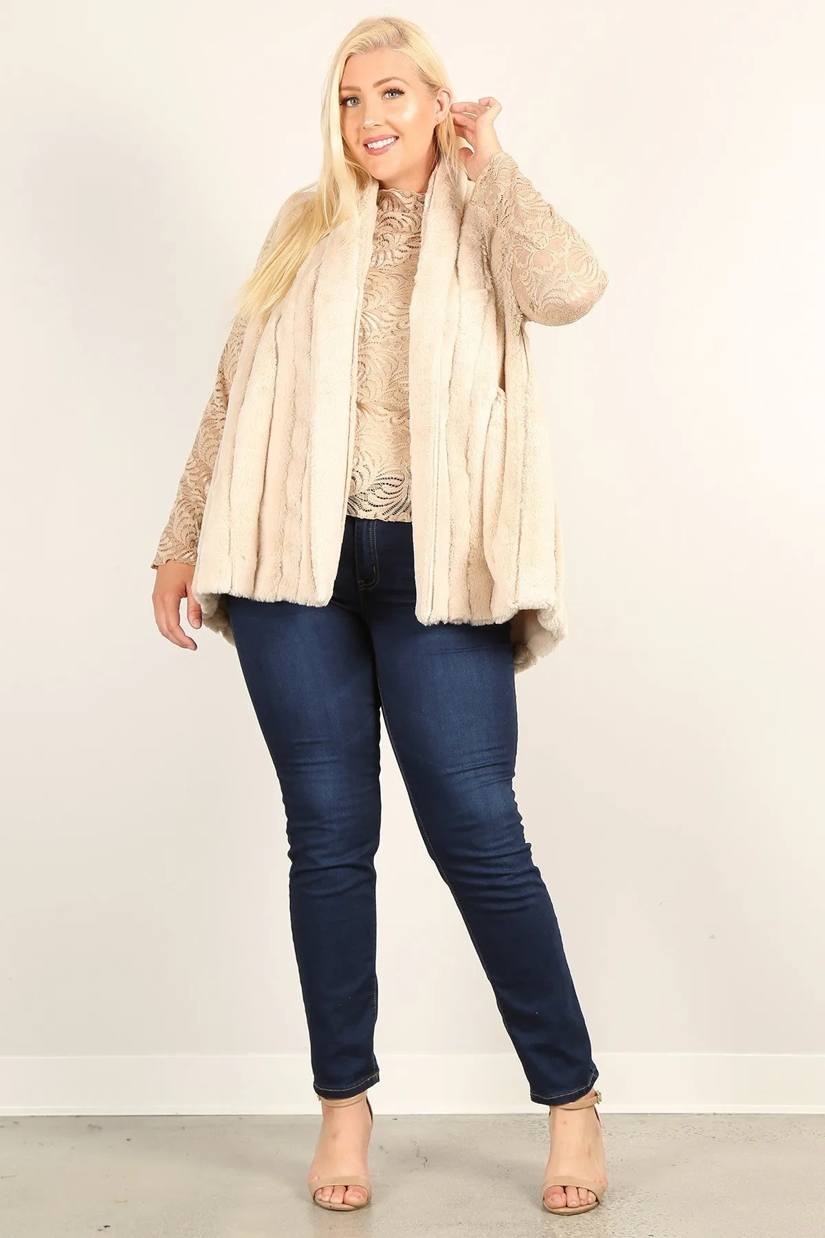 Plus Size Faux Fur Open Front Vest Jacket