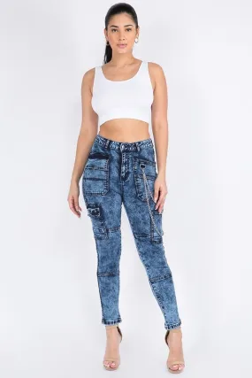 Plus Size High Waist Washed Skinny Jeans With Cargo Pockets