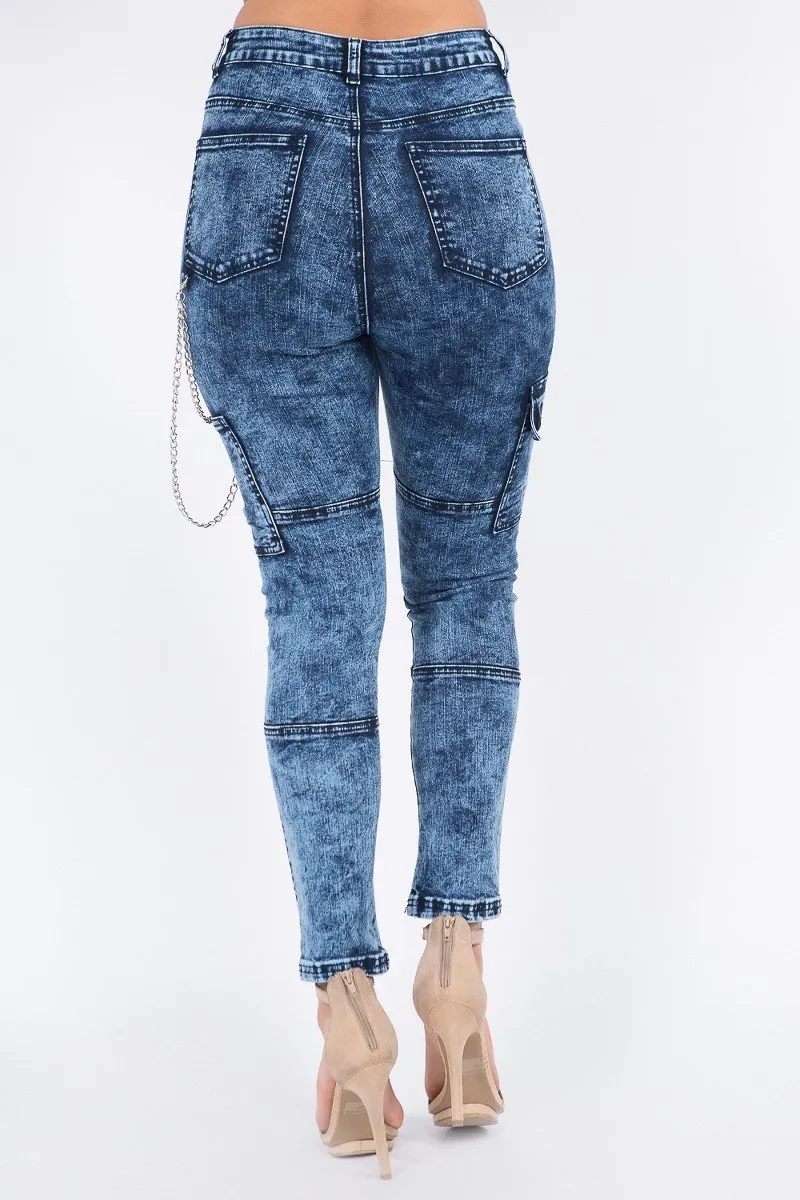 Plus Size High Waist Washed Skinny Jeans With Cargo Pockets