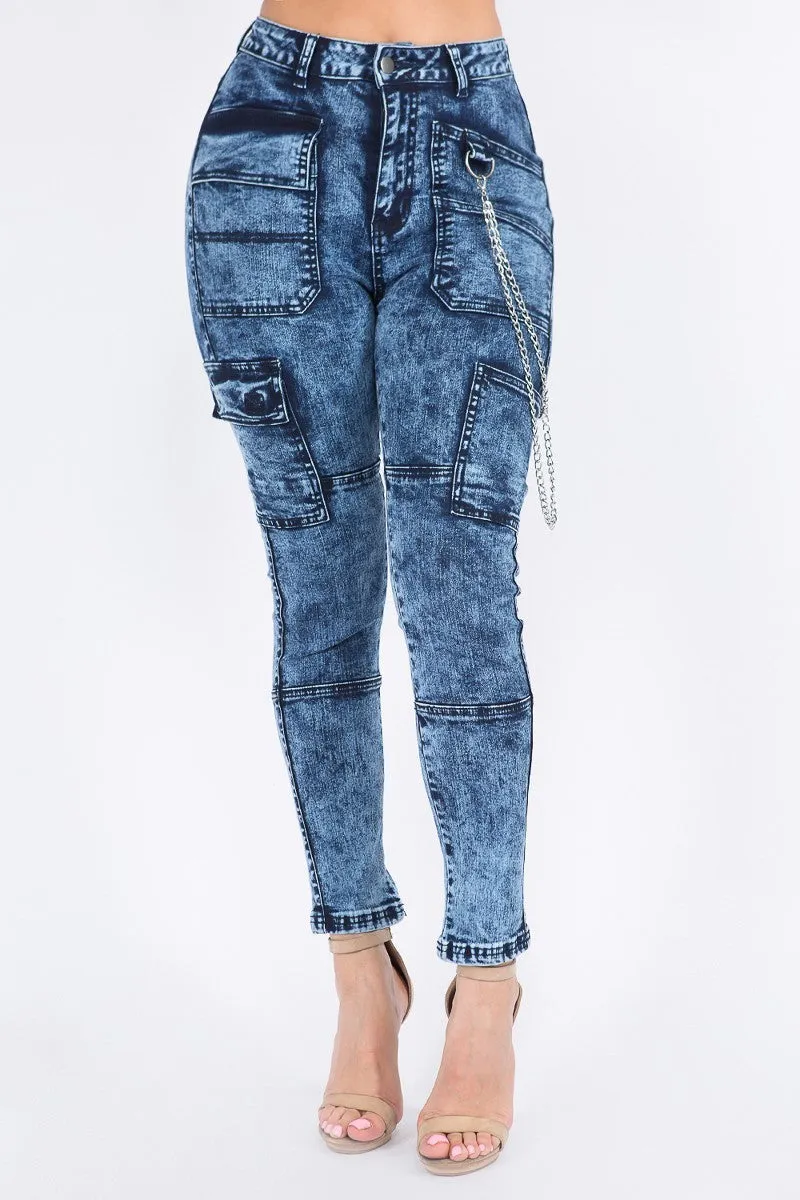 Plus Size High Waist Washed Skinny Jeans With Cargo Pockets