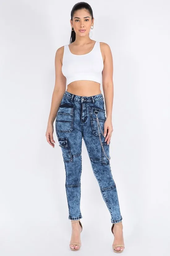 Plus Size High Waist Washed Skinny Jeans With Cargo Pockets