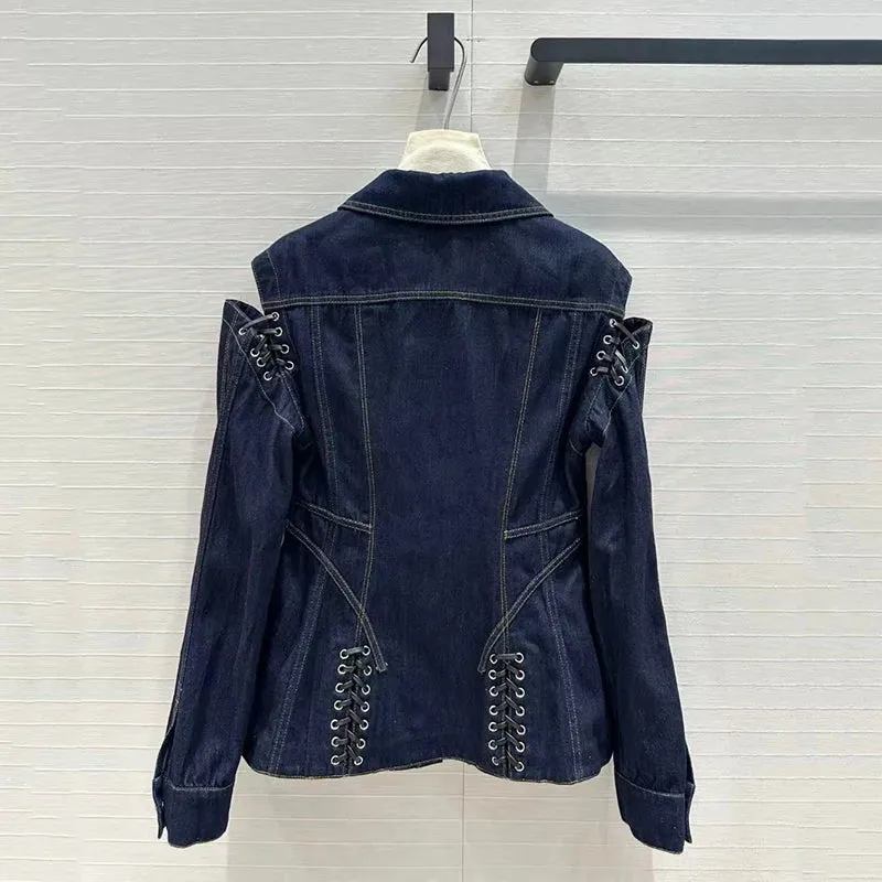 Pre Order:  Casual Lace-Up High Waisted Denim Jacket