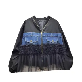 Pre Order:  Hem Mesh Spliced Denim Patchwork Loose Jacket