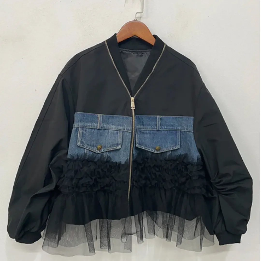 Pre Order:  Hem Mesh Spliced Denim Patchwork Loose Jacket