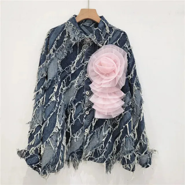 Pre Order:  Loose Fringed 3D Flower Denim Jacket