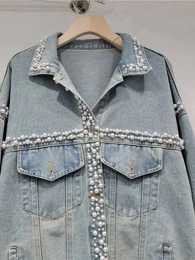 Pre Order:  Pearl Studded Washed Denim Jacket