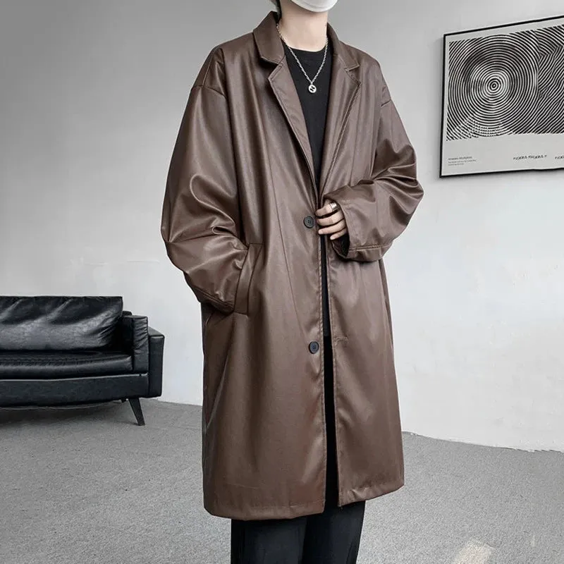 PU Leather Turn-down Collar Solid Men's Coat