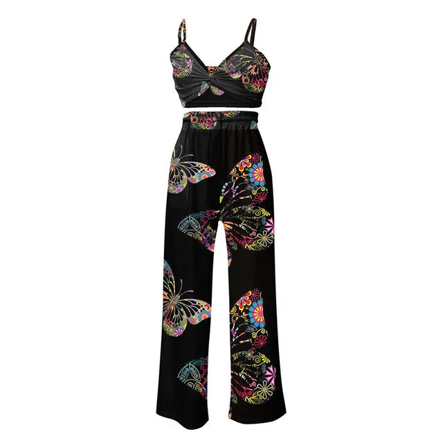 Purpdrank - New Summer Women Print Sexy 2 Piece Sets Sleeveless Camisole Backless Strap Tops Fashion Clothing Set Fall Slit Wide Leg Pants Suits