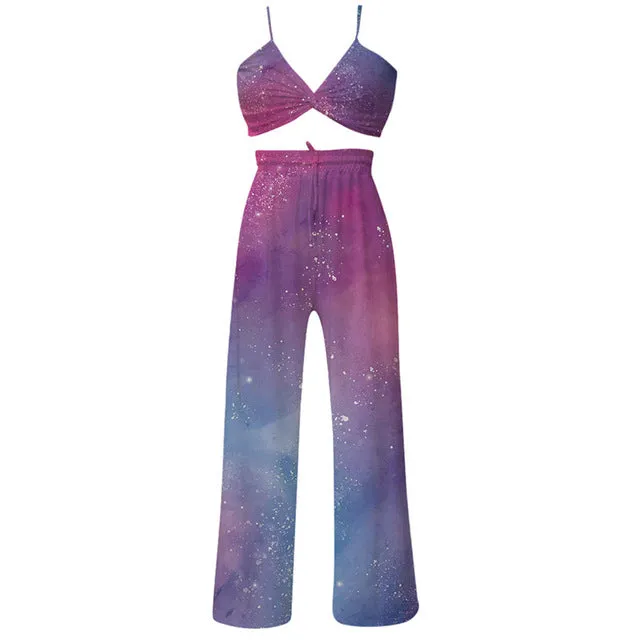 Purpdrank - New Summer Women Print Sexy 2 Piece Sets Sleeveless Camisole Backless Strap Tops Fashion Clothing Set Fall Slit Wide Leg Pants Suits