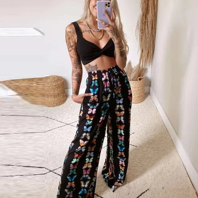 Purpdrank - New Summer Women Print Sexy 2 Piece Sets Sleeveless Camisole Backless Strap Tops Fashion Clothing Set Fall Slit Wide Leg Pants Suits