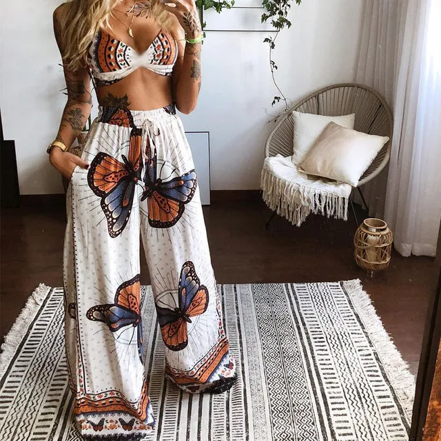 Purpdrank - New Summer Women Print Sexy 2 Piece Sets Sleeveless Camisole Backless Strap Tops Fashion Clothing Set Fall Slit Wide Leg Pants Suits