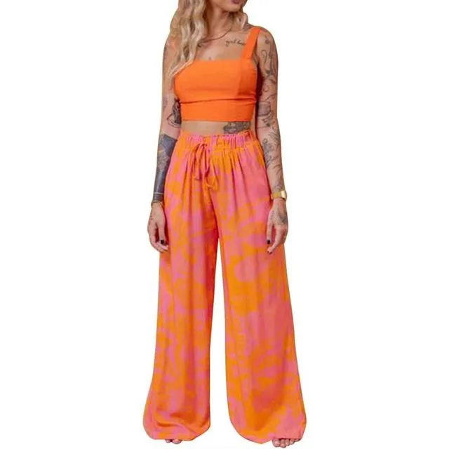 Purpdrank - New Summer Women Print Sexy 2 Piece Sets Sleeveless Camisole Backless Strap Tops Fashion Clothing Set Fall Slit Wide Leg Pants Suits