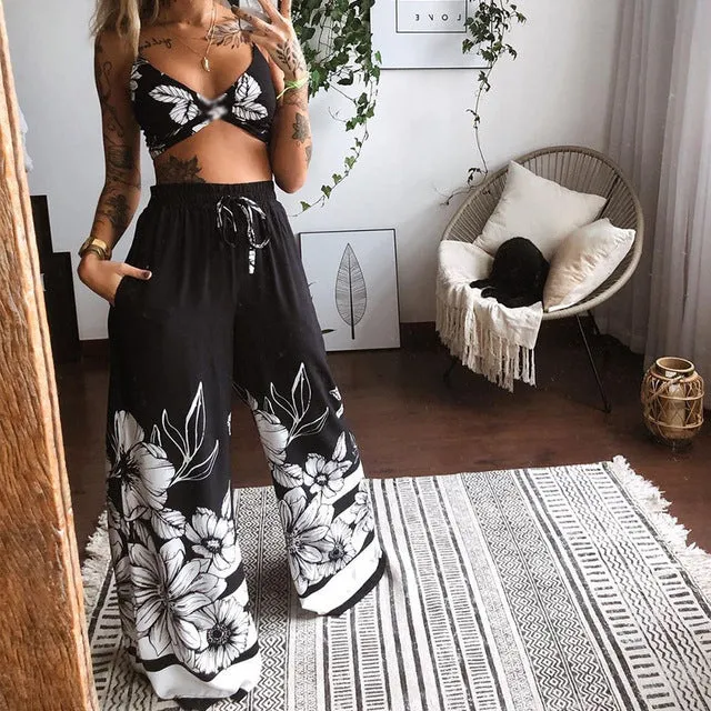 Purpdrank - New Summer Women Print Sexy 2 Piece Sets Sleeveless Camisole Backless Strap Tops Fashion Clothing Set Fall Slit Wide Leg Pants Suits