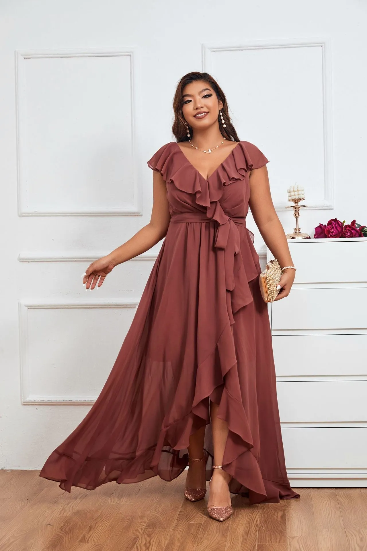 Purple Butterfly Sleeve Wrap Hem Party Dress