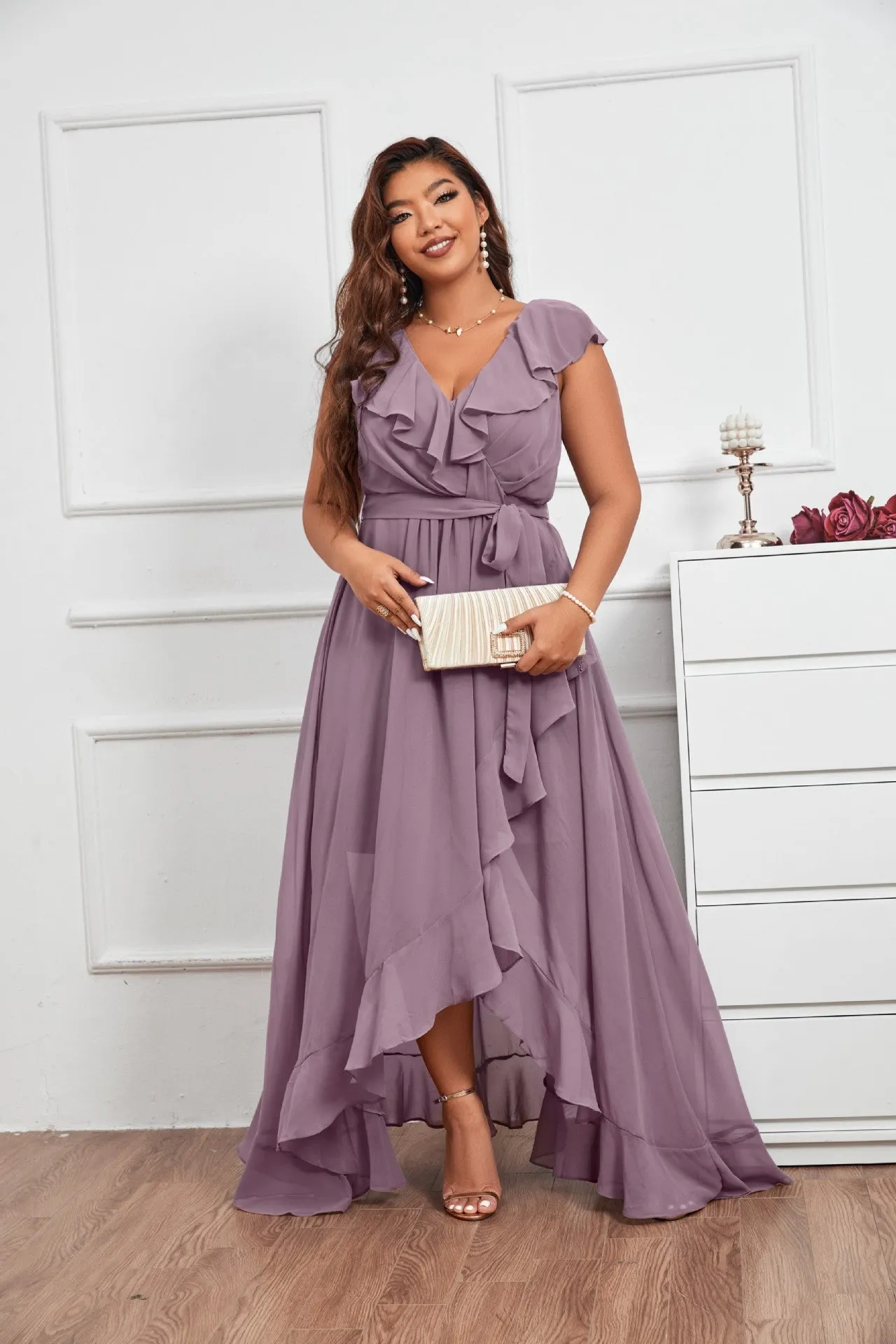 Purple Butterfly Sleeve Wrap Hem Party Dress