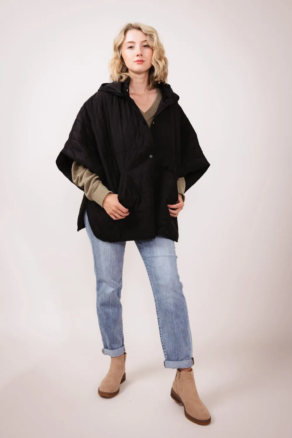 Quilted Puffer Poncho for Women in Black | QCM420013-BLACK