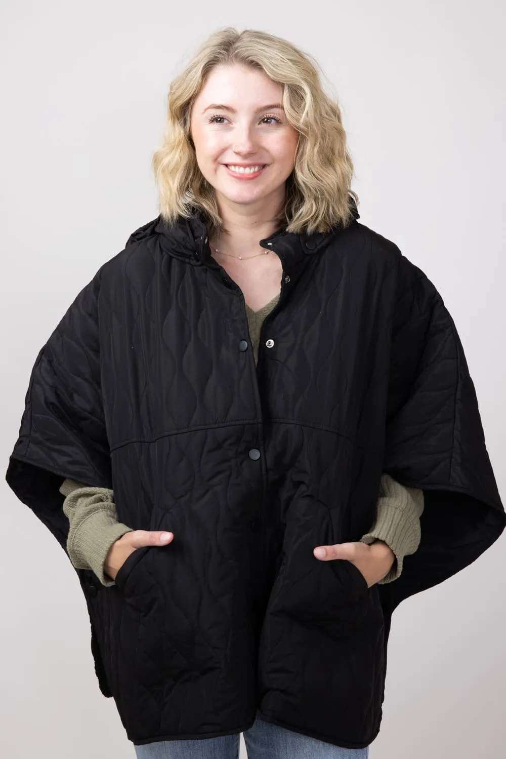 Quilted Puffer Poncho for Women in Black | QCM420013-BLACK