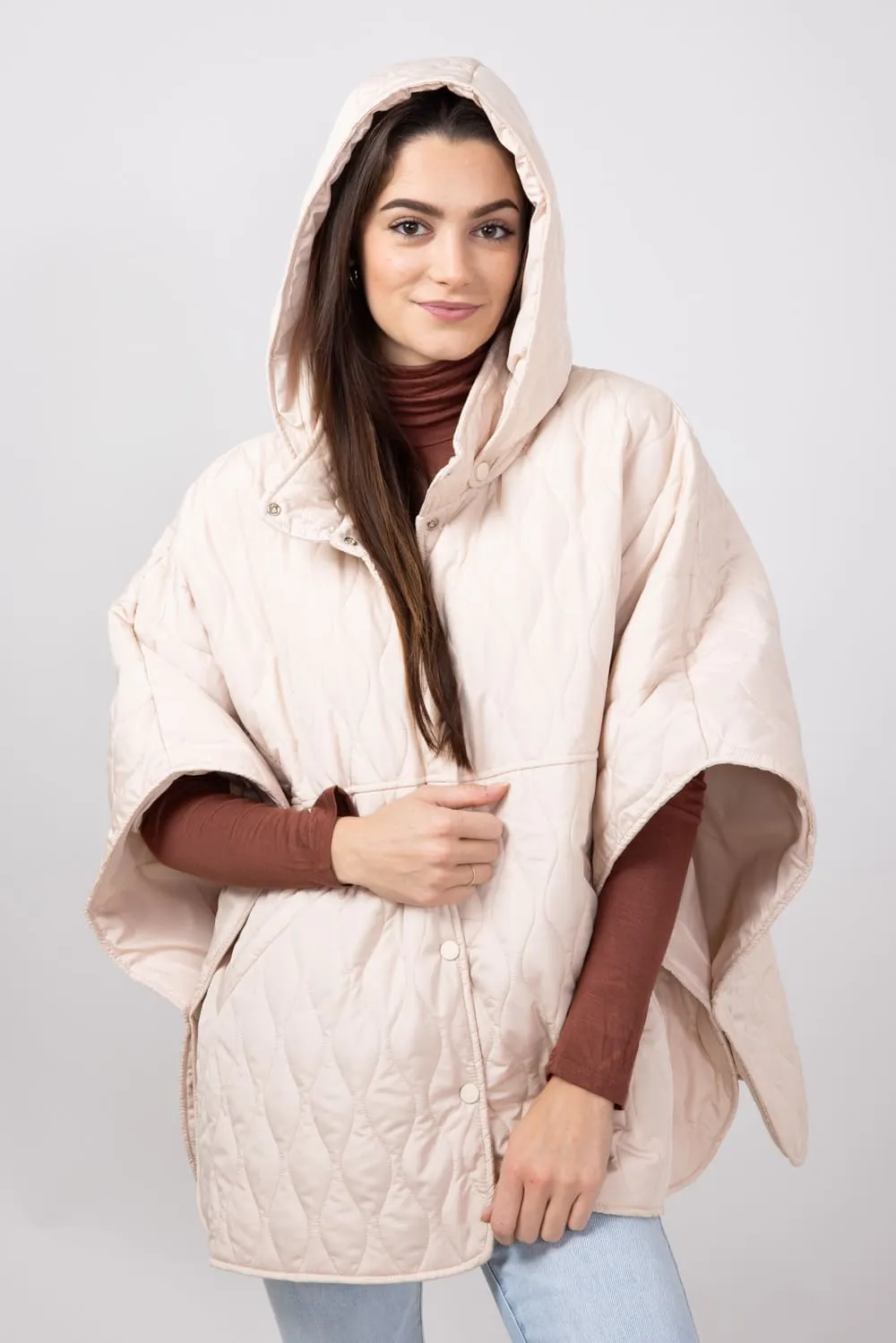 Quilted Puffer Poncho for Women in Tan | QCM420013-TAN