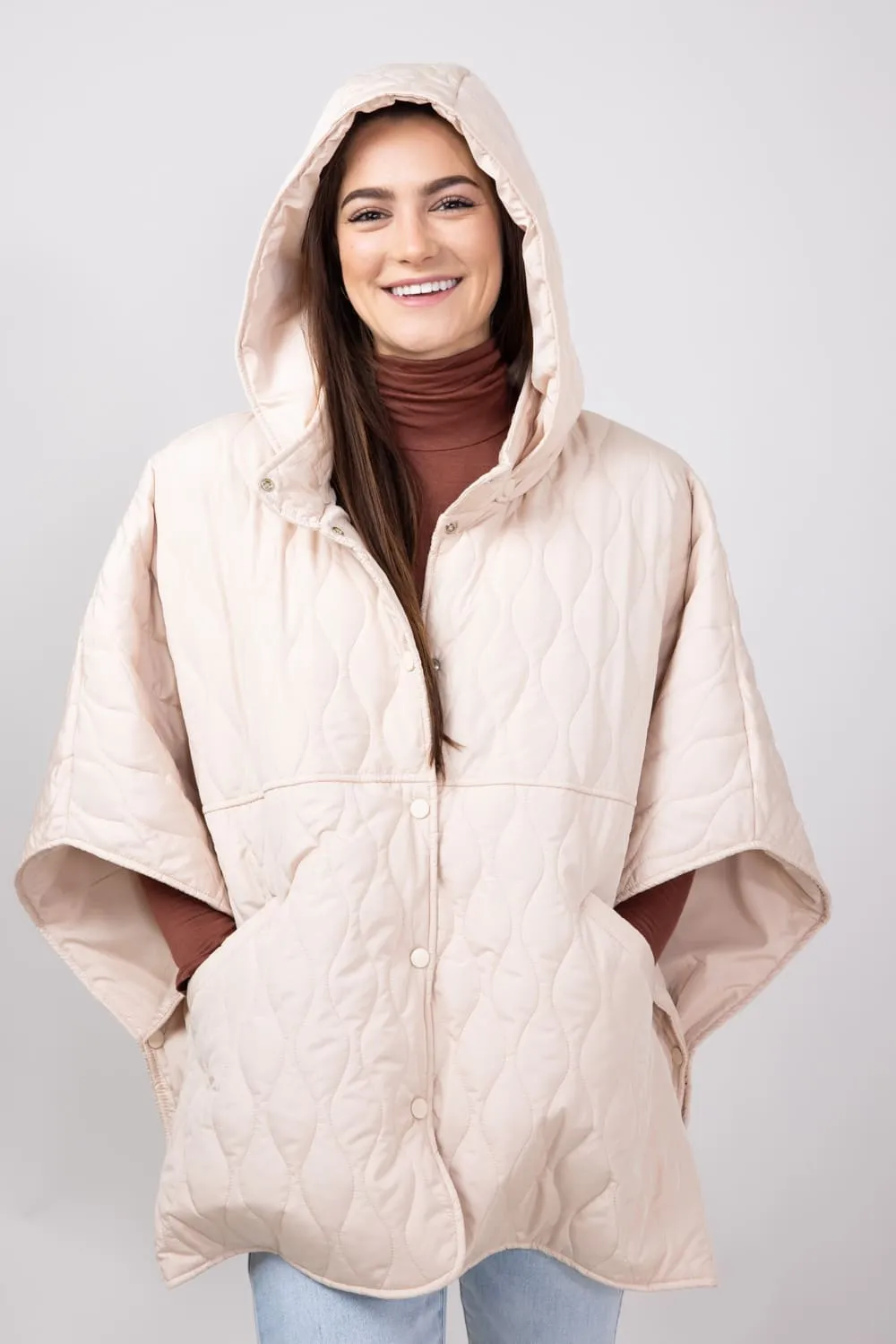 Quilted Puffer Poncho for Women in Tan | QCM420013-TAN