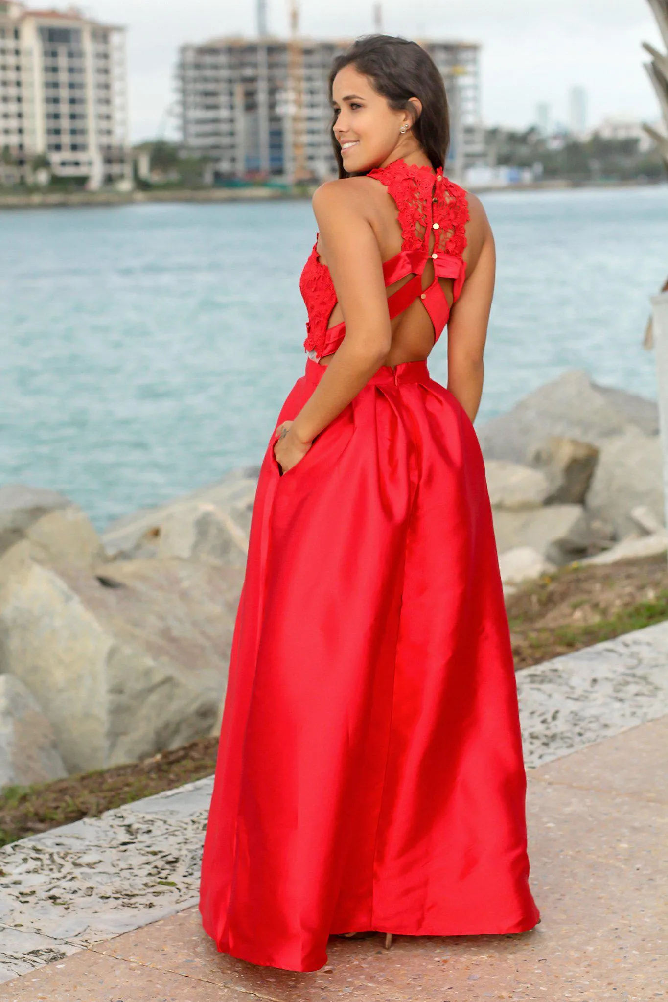 Red Maxi Dress with Crochet Top