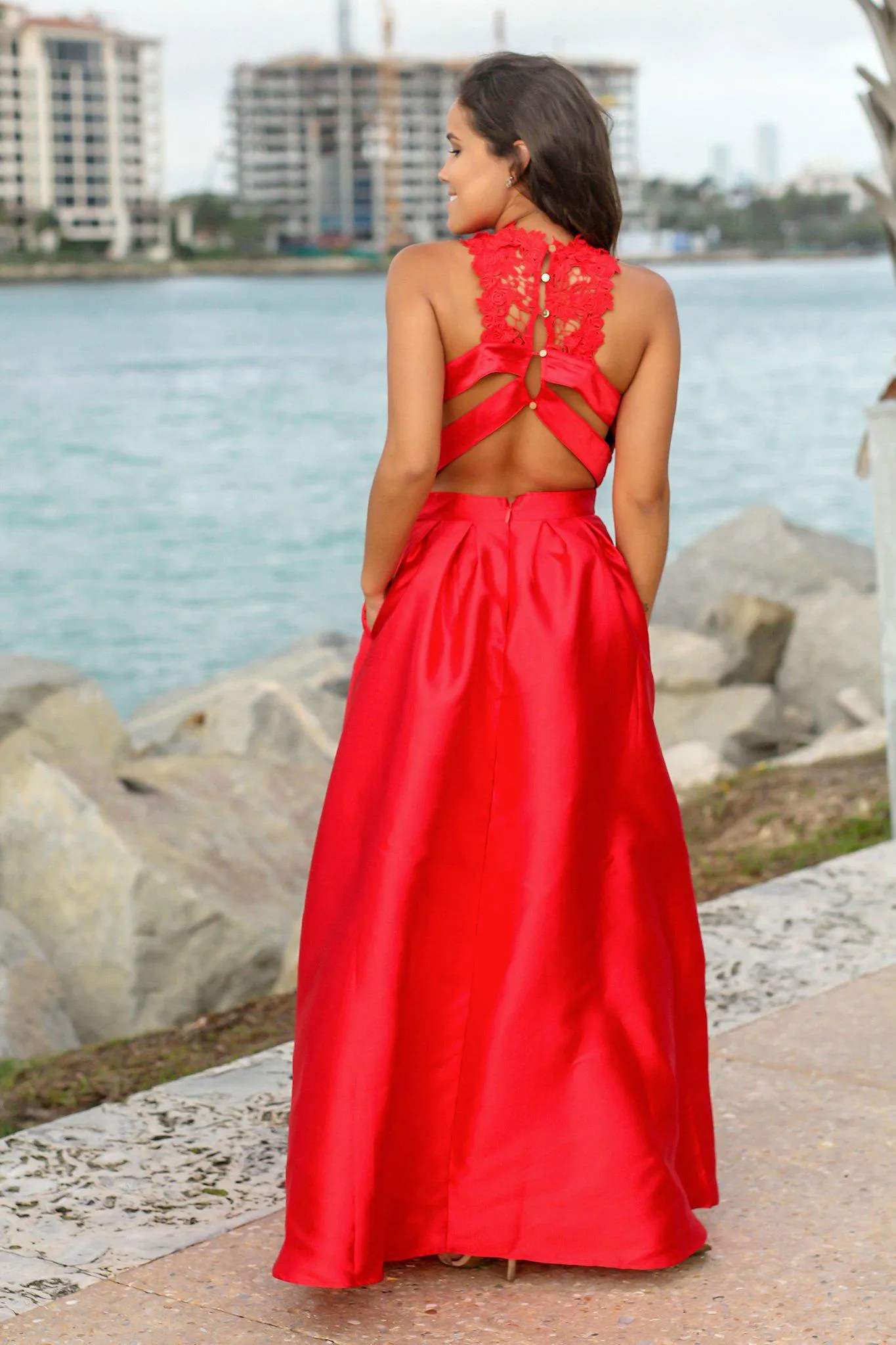 Red Maxi Dress with Crochet Top