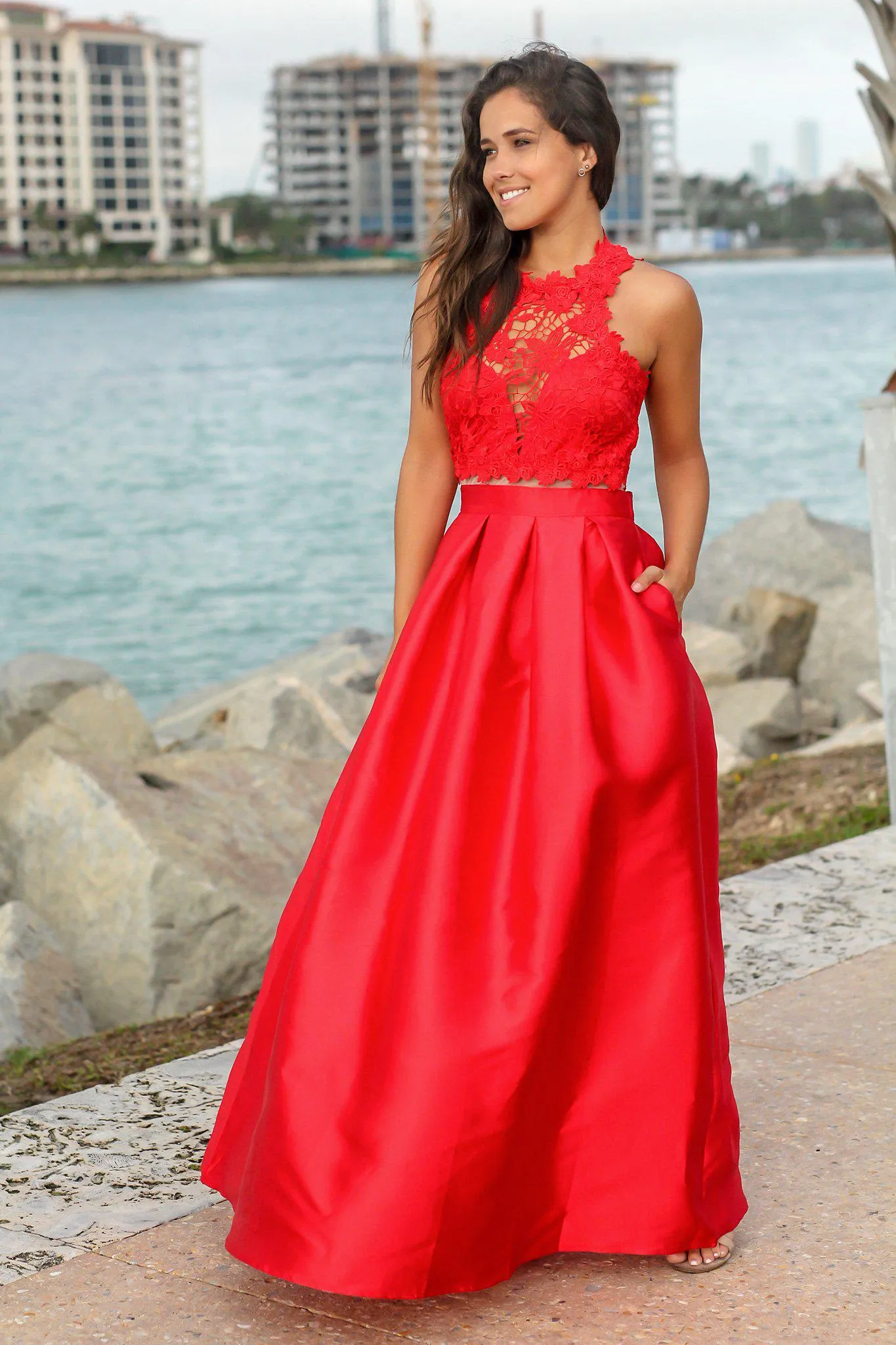 Red Maxi Dress with Crochet Top