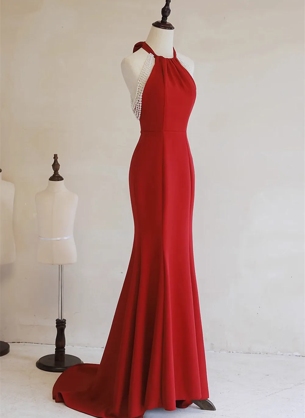 Red Mermaid Halter Long Evening Dress, Red Backless Formal Dress Prom Dress