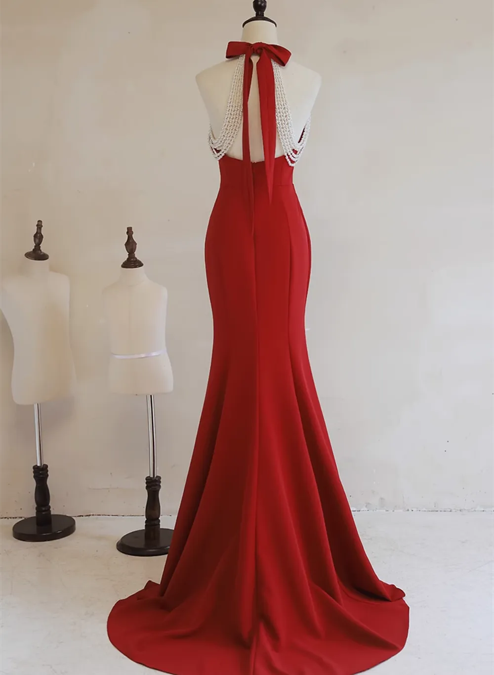 Red Mermaid Halter Long Evening Dress, Red Backless Formal Dress Prom Dress