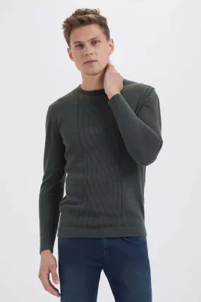 Regular Fit Plain Wool Blend Navy Crewneck Sweater, Khaki