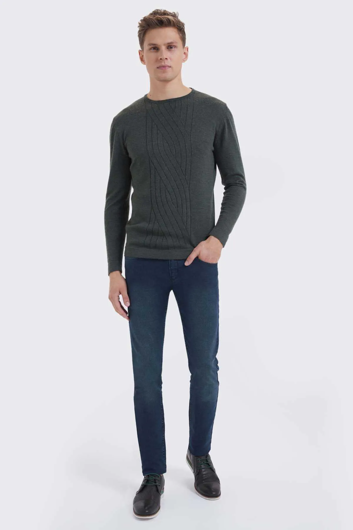 Regular Fit Plain Wool Blend Navy Crewneck Sweater, Khaki