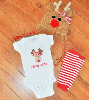 Reindeer bodysuit/shirt with matching baby legs/leg warmers, Reindeer 3 piece set girls, girls reindeer shirt, rudolph bodysuit/shirt