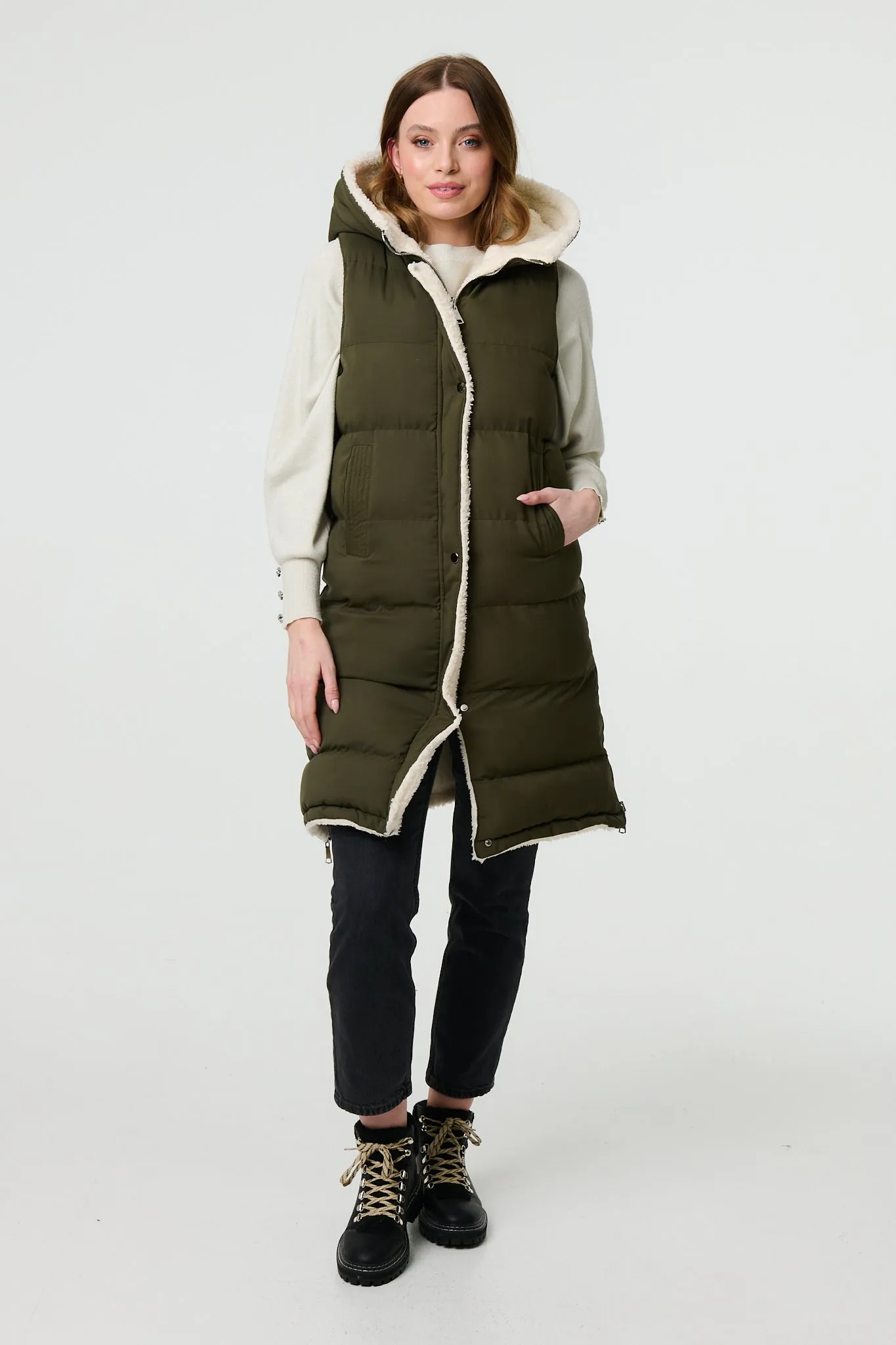 Reversible Faux Fur Padded Hooded Gilet