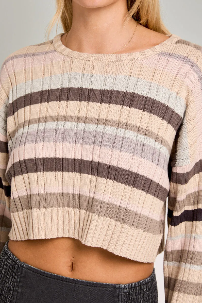 Ribbed Stripe Printed Crop Sweater, Taupe Multi