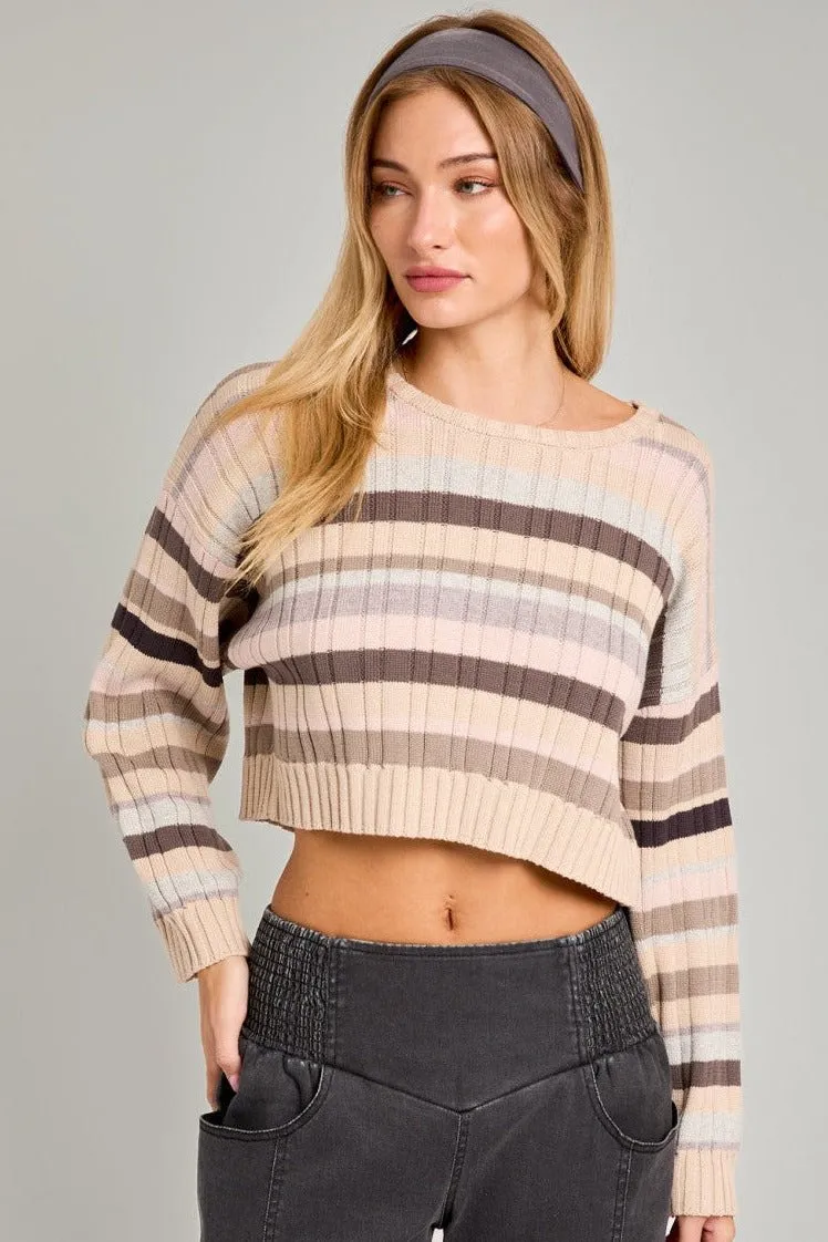 Ribbed Stripe Printed Crop Sweater, Taupe Multi