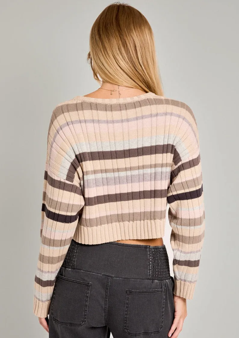 Ribbed Stripe Printed Crop Sweater, Taupe Multi