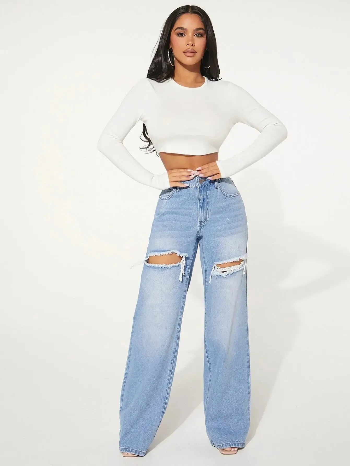 Ripped jeans Single Button Cut Out Ripped Frayed Wide Leg Jeans