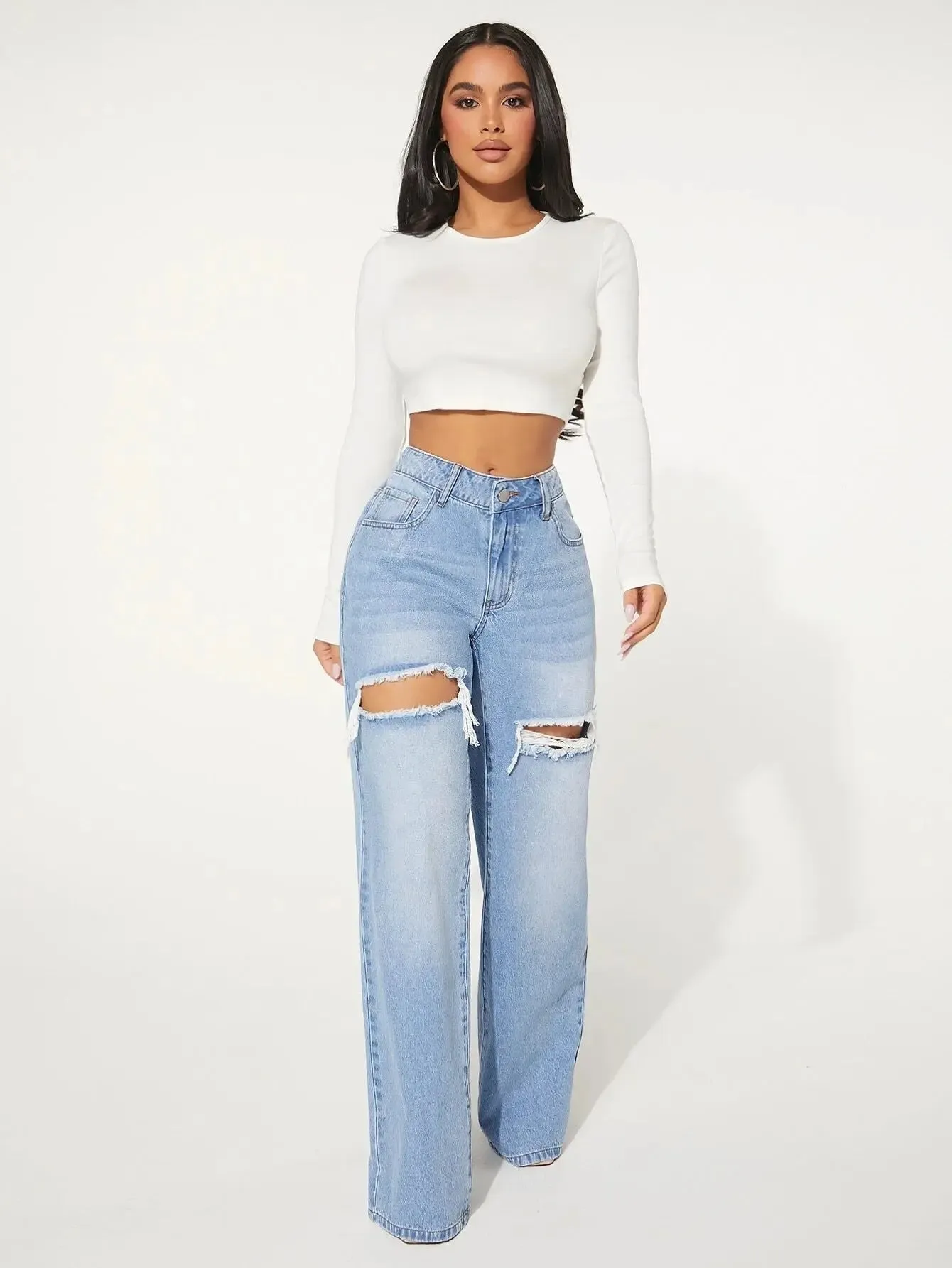 Ripped jeans Single Button Cut Out Ripped Frayed Wide Leg Jeans