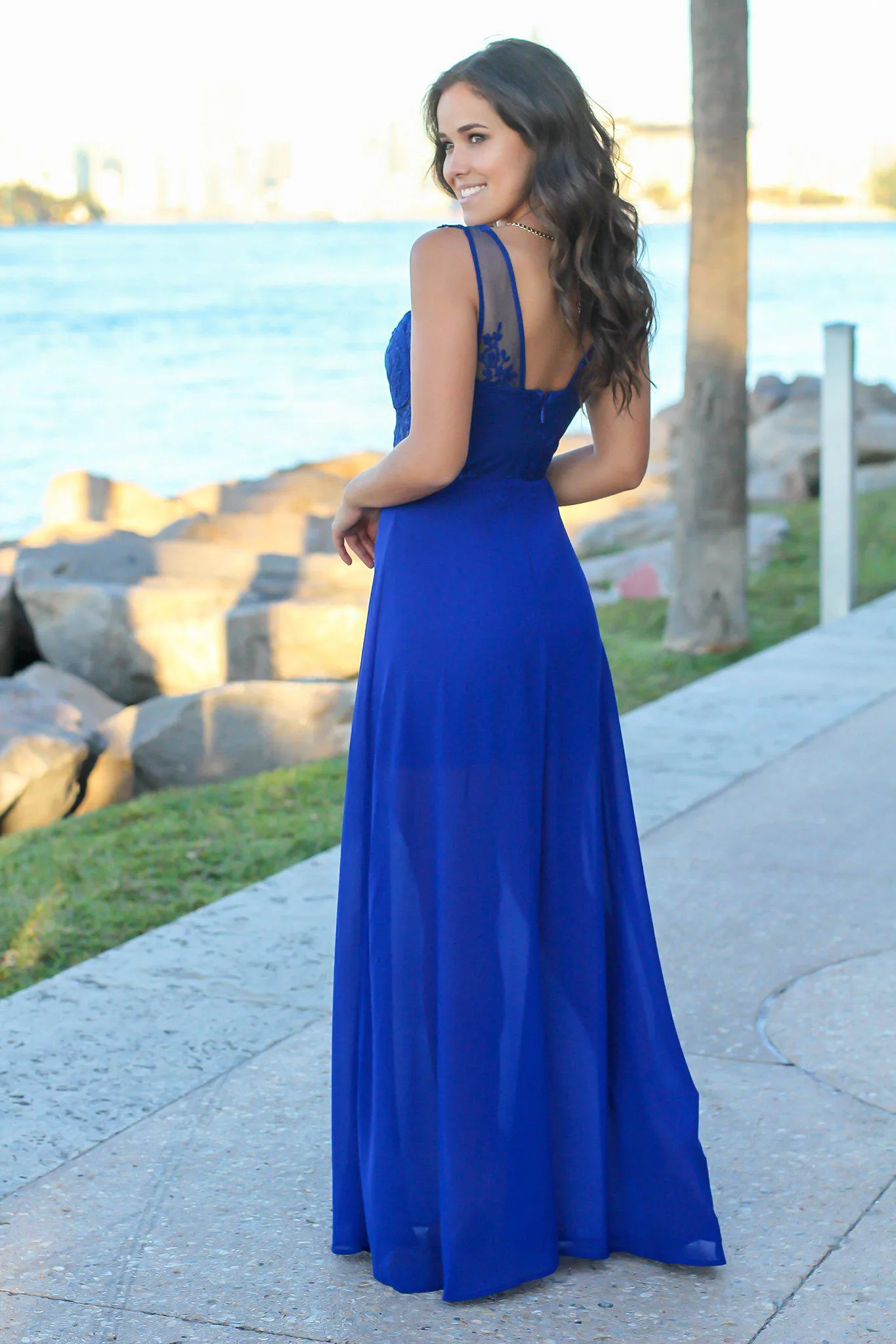 Royal Blue Embroidered Maxi Dress with Side Slit