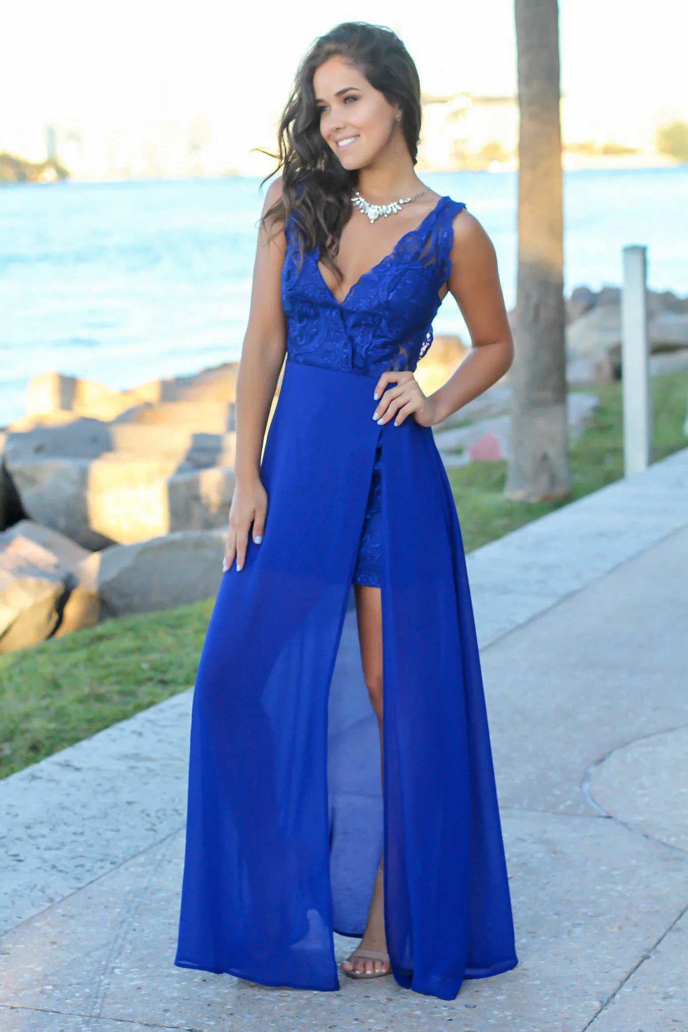 Royal Blue Embroidered Maxi Dress with Side Slit