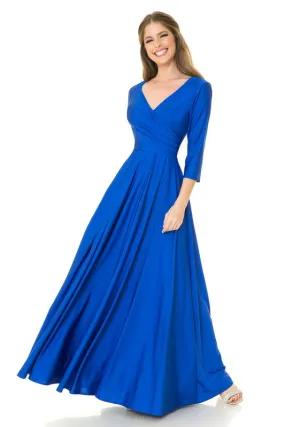 Royal Blue Sleeve Wrap Pleated Flare Pockets Formal Dress