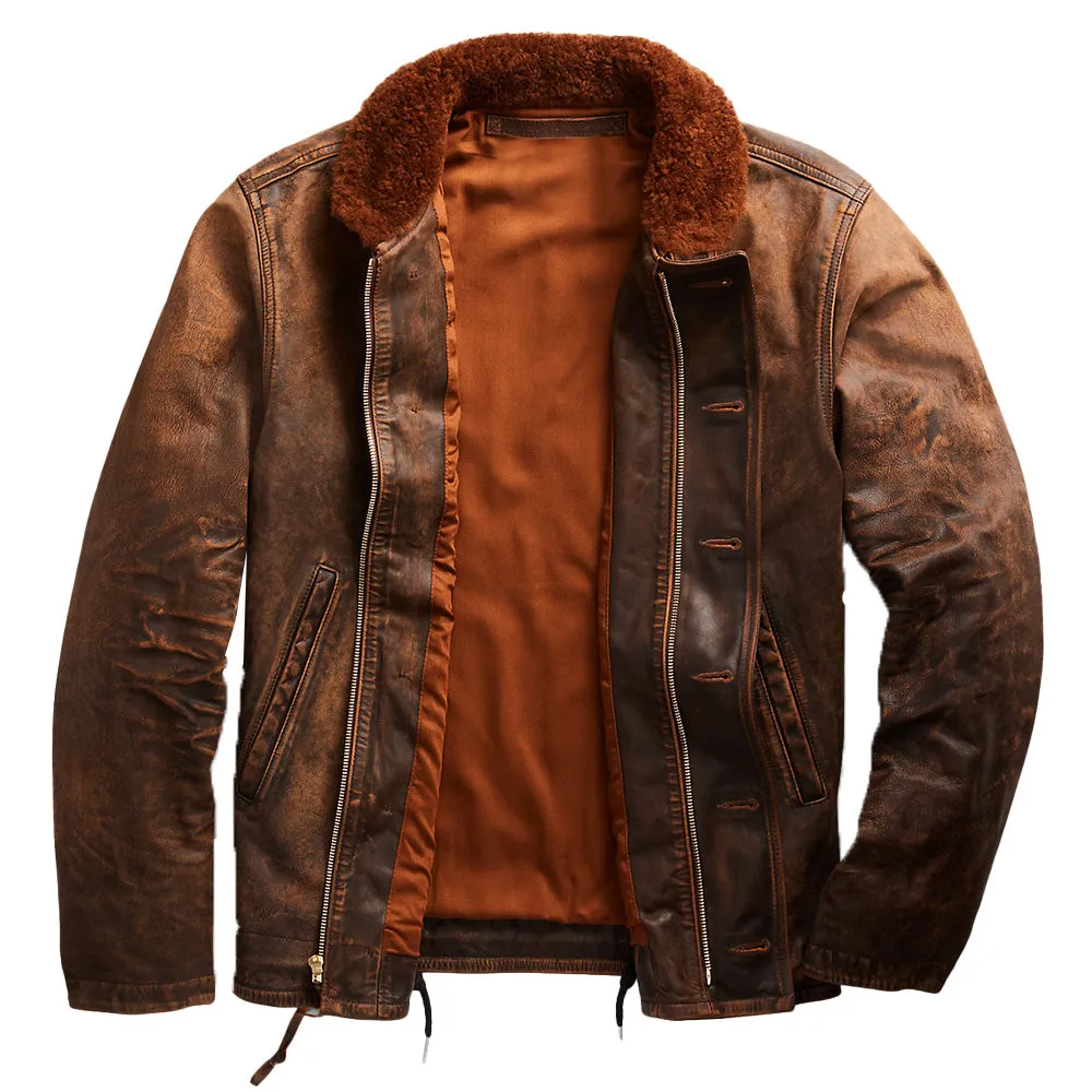 RRL by Ralph Lauren Shearling-Collar Leather Deck Jacket Brown