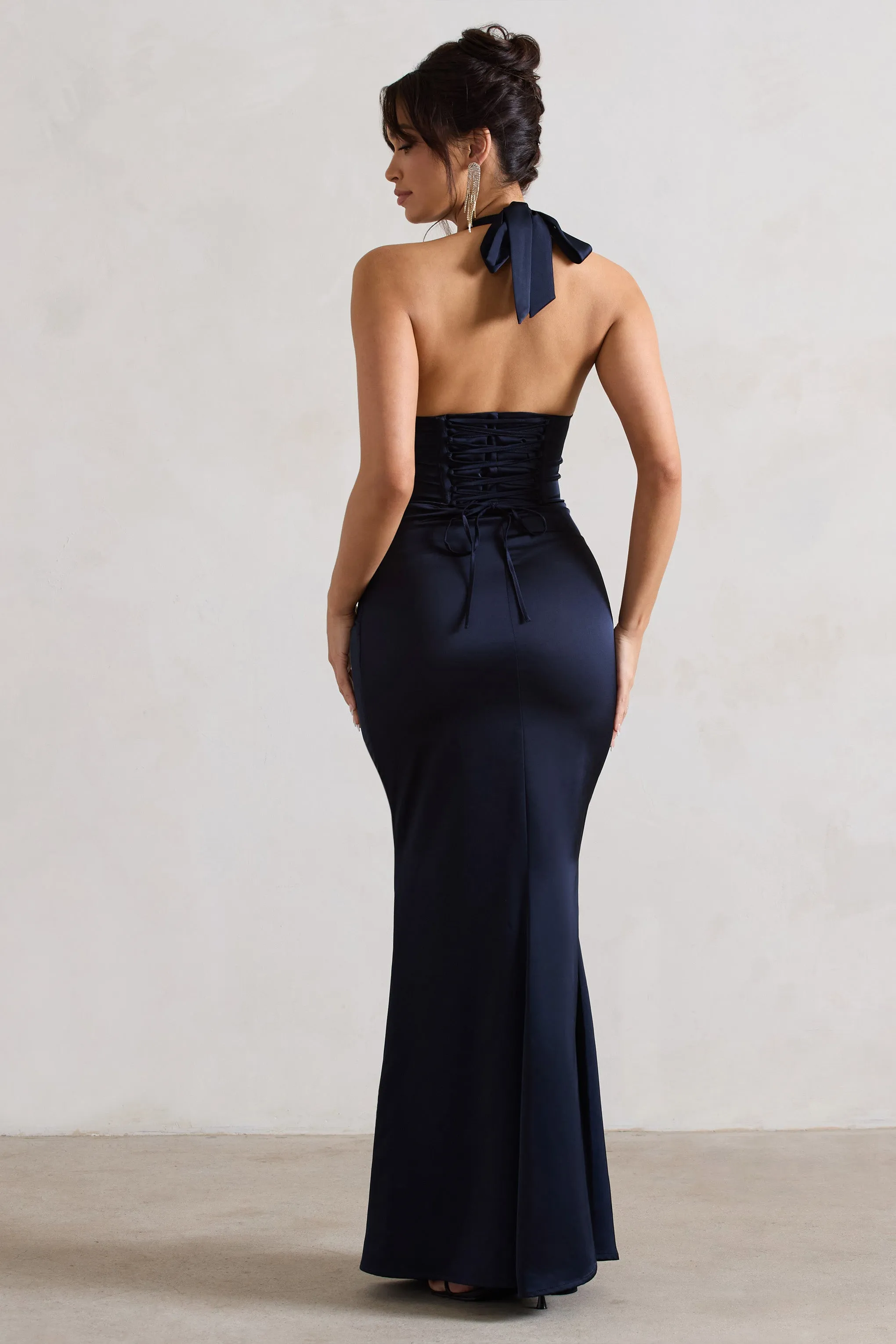 Sacha | Navy Satin Corset Style Maxi Dress With Wrap Skirt