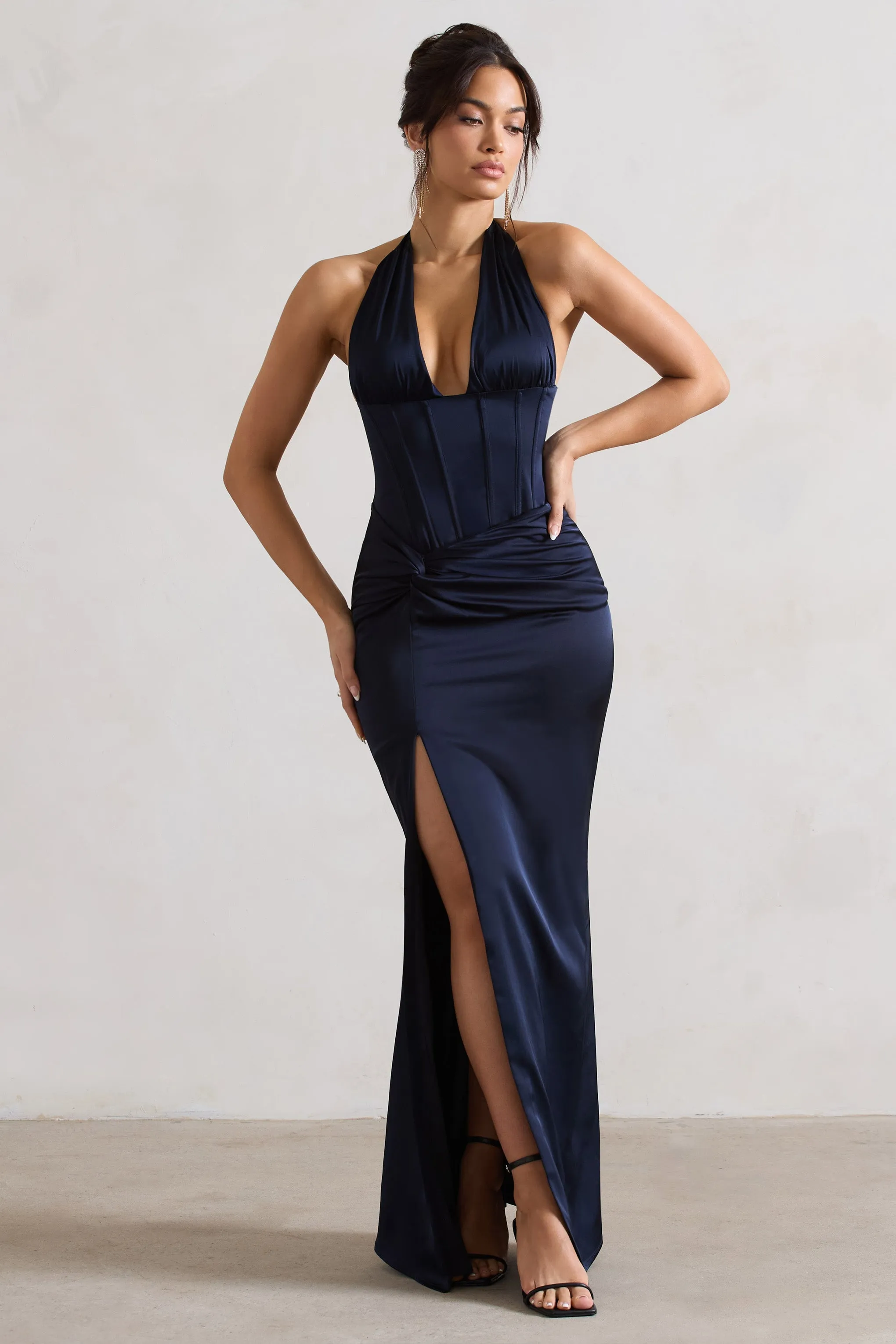 Sacha | Navy Satin Corset Style Maxi Dress With Wrap Skirt