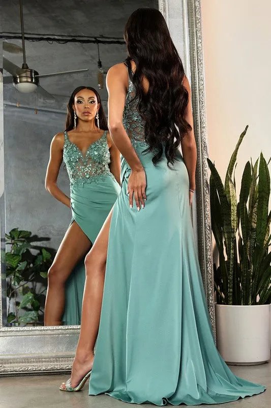 Sage Embellished Illusion Deep V Neck Sheath Dress